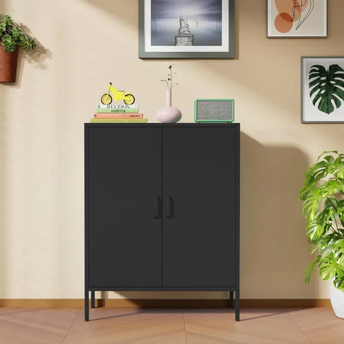 Vista 14 de Chshin Gabinete de Almacenamiento de Metal con Puertas, Gabinete de Acento Negro, Gabinetes de Almacenamiento de Clóset de Metal, Soporte de Medios
