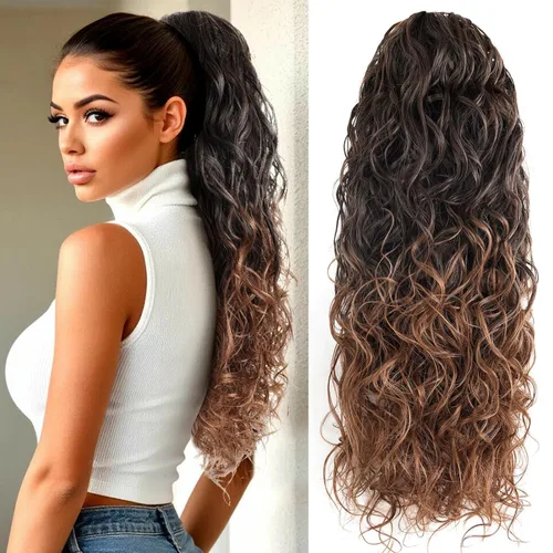 Vista 10 de Icono de la moda - Extensión de cola de caballo rizada ondulada con clip, cabello real, cola de caballo negra, extensiones de cordón con clip