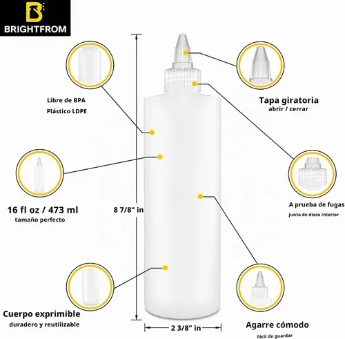 Vista 2 de BRIGHTFROM Botellas exprimibles para condimentos, botella vacía de 16 onzas, tapa superior giratoria transparente, a prueba de fugas, ideal