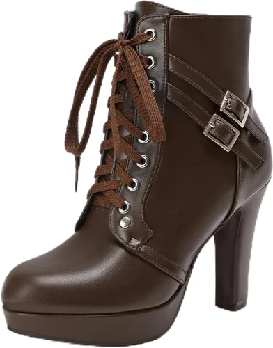Vista 27 de Susanny Botas de tacón alto para mujer, Botas de plataforma con tacón sexy de puntera redonda con agujetas, tacón alto, botas de media pantorrilla
