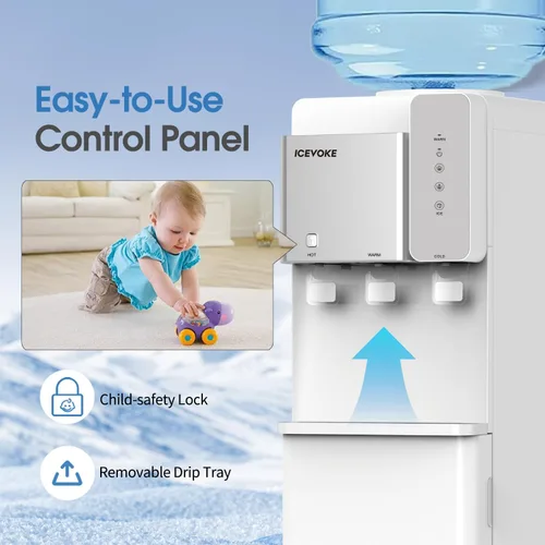 Vista 4 de Enfriador de agua 3 en 1 con máquina de hielo integrada, dispensador de hielo y agua de carga superior para botella de 3 o 5 galones, agua caliente