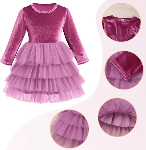 Vista 4 de Vestido de tutú de tul escalonado de terciopelo de manga larga para otoño e invierno para niñas y niñas