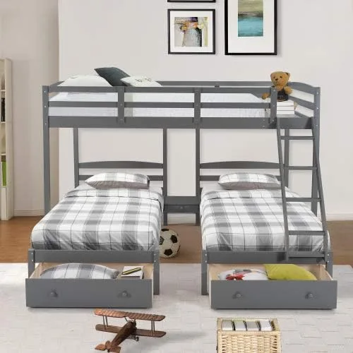 Vista 3 de Merai - Cama matrimonial y litera doble, litera triple de madera con cajones y barandillas (gris 2)