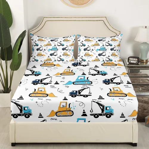 Vista 2 de Juego de sábanas bajeras para niños con diseño de caricaturas para niños, equipamiento para camiones, sábana de cama, excavadora, tractor, blanco
