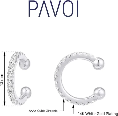 Vista 2 de PAVOI 925 Sterling Silver 14K Gold Plated Cubic Zirconia Sparkling Round Huggie Ear Cuff Gold Earrings for Women Clip On Cartilage