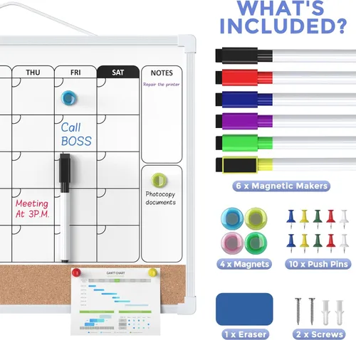 Vista 6 de MaxGear Monthly Calendar Whiteboard for Wall, 16"x12" Dry Erase Cork Board