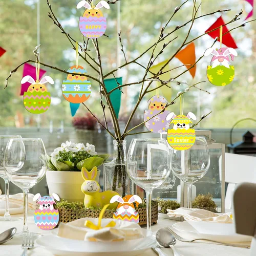 Vista 4 de Qunclay 40 piezas de adornos de Pascua, huevos de Pascua, huevos de Pascua, letreros colgantes para árbol, conejo, rebanadas de madera, recortes