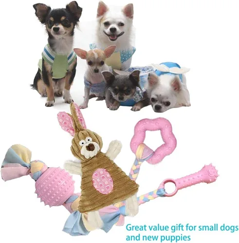 Vista 6 de Volacopets Juguetes interactivos para cachorros para dentición de perros pequeños, juguete masticable de goma suave, conejito rosa, raza pequeña