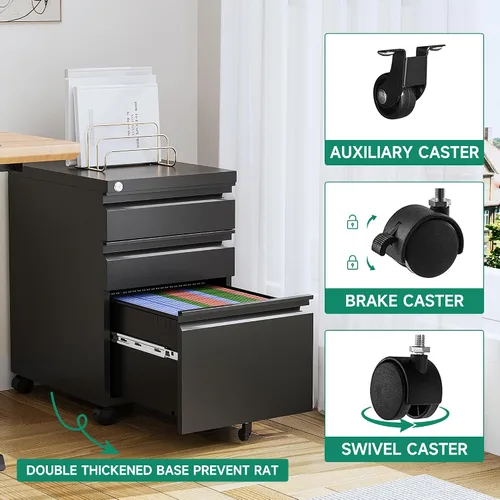 Vista 8 de Letaya Archivador móvil con cerradura, debajo del escritorio, con 3 cajones para oficina en casa, carta/legal/A4/F4 (negro, requiere instalación)