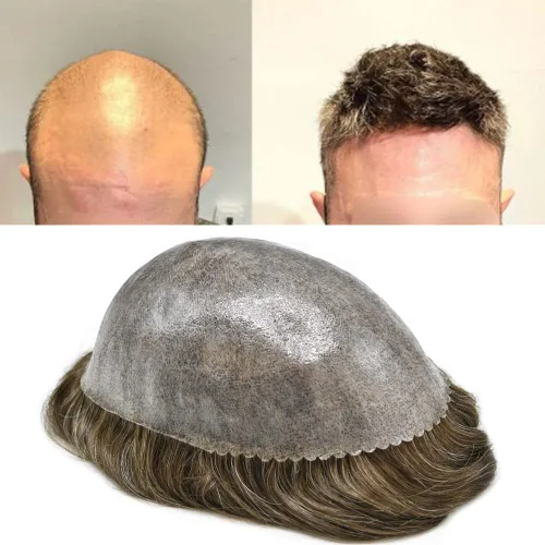 Vista 153 de Toupee para hombre 100% cabello humano real tupé para hombres 0.004 in piel de poliuretano para hombre, sistema de reemplazo de piezas de pelo