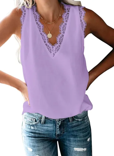 Vista 166 de VIISHOW - Camiseta sin mangas, sexy, con cuello en V y bordes de encaje para mujer, camisola de vestir, camisas de gasa, sin mangas, casuales