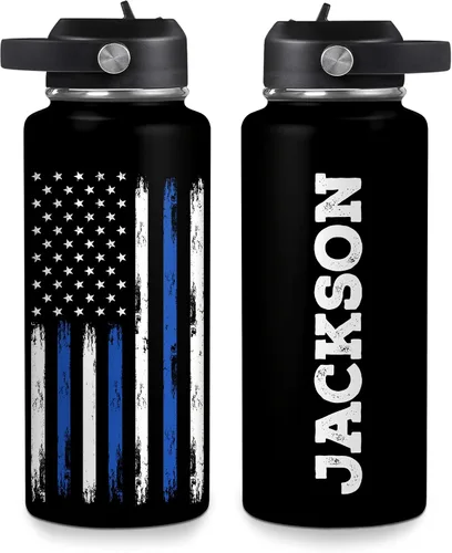Vista 9 de Hyturtle Botella de Agua Personalizada de Policía - Botella de Acero Inoxidable Aislada con Tapa a Prueba de Fugas 18 oz, 32 oz - Regalo de Bandera