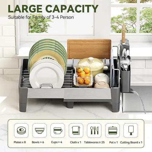 Vista 3 de Urackify Escurridor de platos expandible, escurridor de platos de acero inoxidable con marco de aluminio, escurridor de platos para encimera