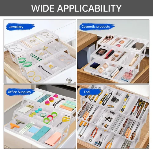 Vista 2 de Organizador de cajones inteligente de varios niveles, organizador de cajones de basura plegable ajustable para cocina, baño, oficina y dormitorio