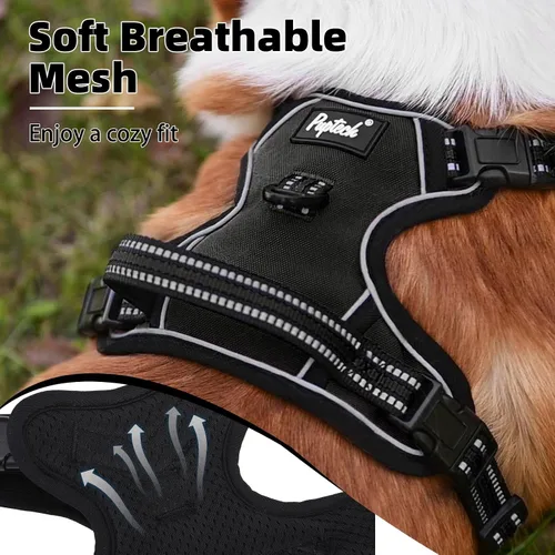 Vista 4 de PUPTECK Arnés sin tirones para perro, tamaño pequeño, ajustable, reflectante, con asa, de fácil control, cómodo y suave acolchado para perros Negro