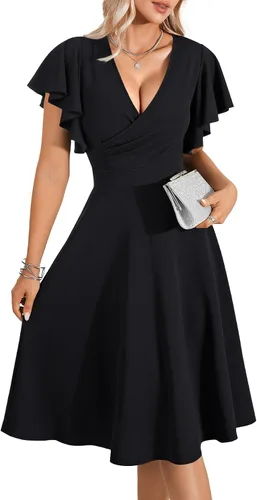 Vista 3 de LYANER Vestido de cóctel de manga corta con volantes y cuello en V, de línea A, con vuelo y estilo midi para mujer Negro puro