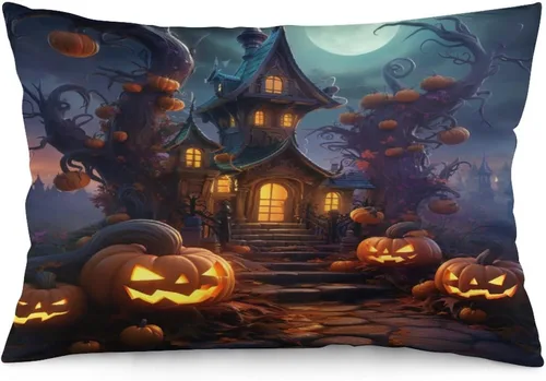 Vista 31 de Fundas de almohada frescas de casa embrujada, castillo, luna, bosque medieval, calabaza, fundas de almohada rectangulares con cremallera invisible