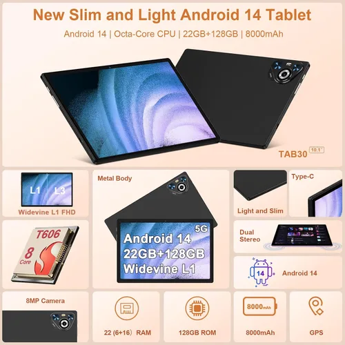 Vista 4 de Tablet de 10 pulgadas, 22 GB de RAM+128 GB ROM+1 TB Expand, Android 14 Tablet con teclado y mouse, batería de 8000 mAh, pantalla IPS de 1280 x 800