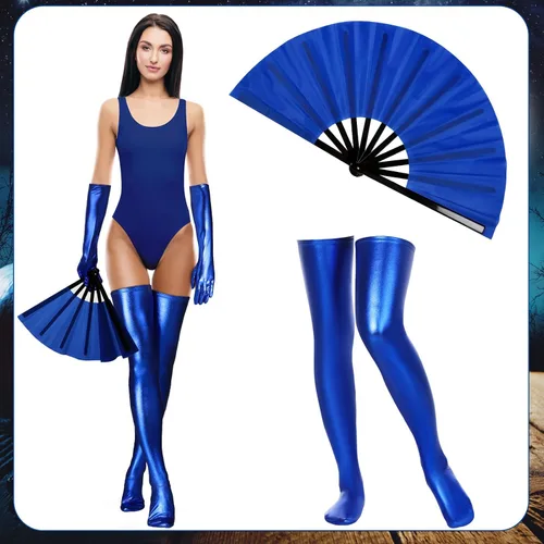 Vista 5 de Juego de 4 accesorios de disfraz de Halloween para disfraz de Halloween, plegable, color azul, elástico, de elastano, brillante, guantes largos