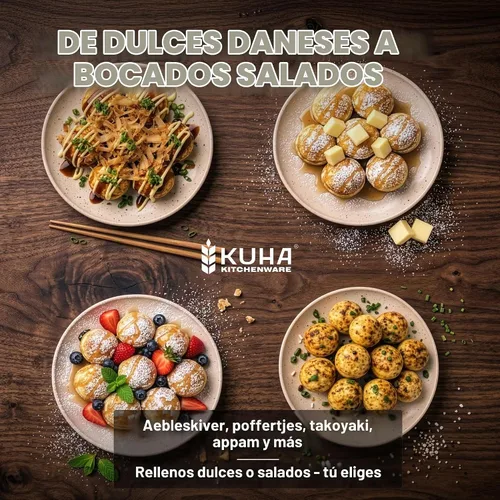 Vista 4 de KUHA Sartén Aebleskiver de hierro fundido – Auténtica máquina danesa para panqueques Aebleskiver, Poffertjes, Takoyaki, Appam, Kuli Paniyaram