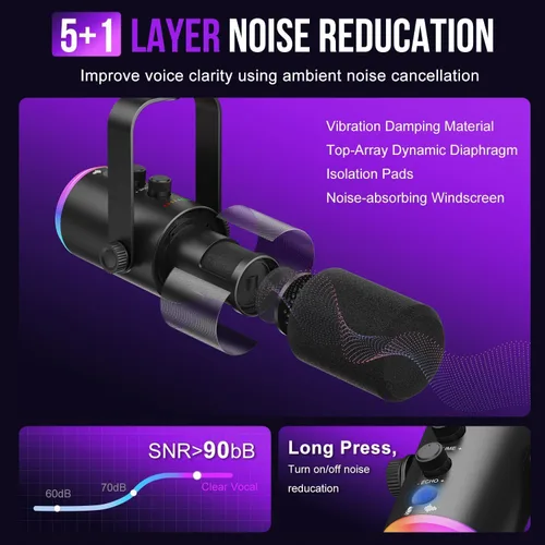 Vista 3 de Micrófono dinámico, USB-C/XLR para grabación de podcasts, grabación de podcasts, juegos y juegos con luz RGB, botón de silencio, soporte