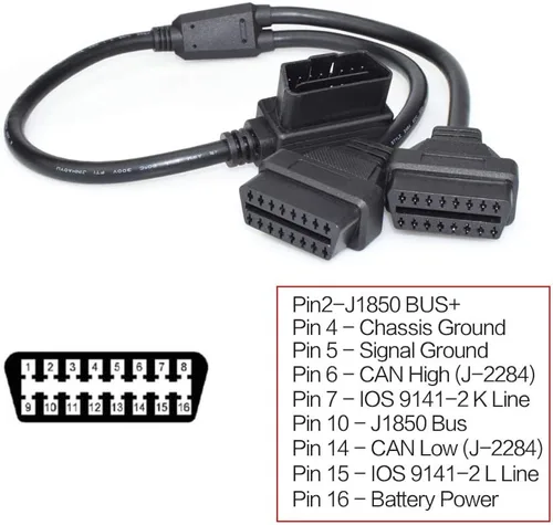 Vista 4 de 16 pin OBD2 OBDII Diagnóstico Extensor Divisor Cable de extensión macho a doble hembra Y Cable 12 pulgadas
