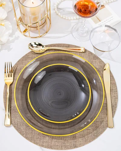 Vista 7 de Morejoy - 60 platos de plástico negro, platos desechables negros con borde dorado, placa dorada resistente, placa de diseño moderno de remolino que