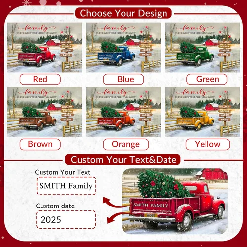 Vista 2 de Easycosy - Lienzo personalizado de Navidad para pared, póster vintage de camión rojo con nombre de familia, impresión en lienzo de Navidad