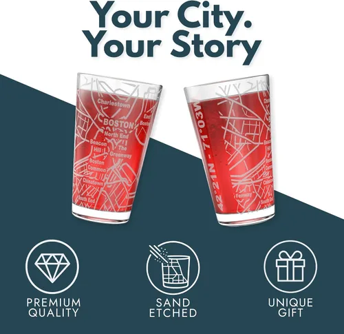 Vista 5 de Greenline Goods Boston, MA Map - Vasos de cerveza (juego de 2), 16 onzas - Diseño de envoltura grabada