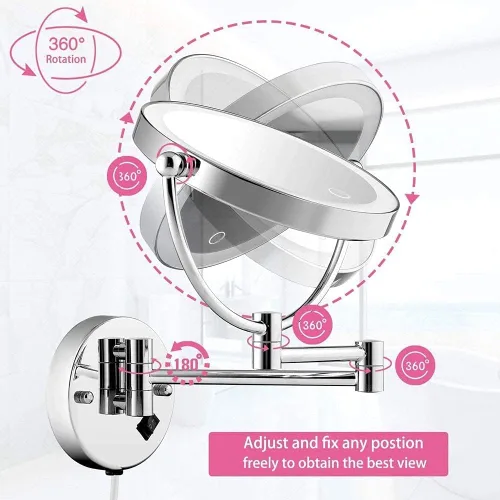 Vista 5 de Wall Mounted Makeup Mirror LED Touch Button Stepless Adjustable Light Double Sided 1X/5x Magnifying Vanity Mirror 360° Swivel Extendable for