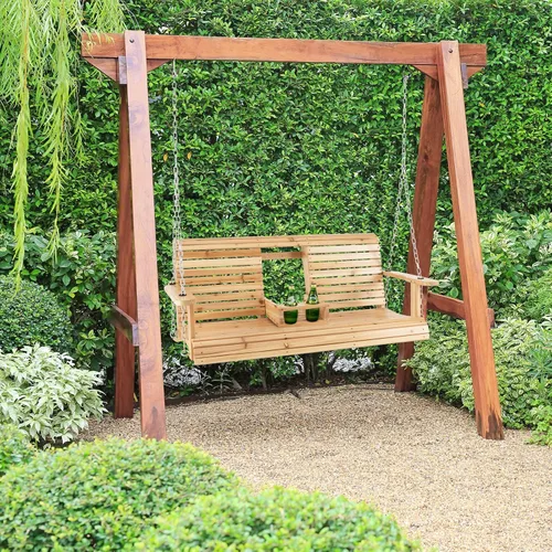 Vista 3 de Giantex Columpio colgante para porche al aire libre – Banco de columpio de madera de 2 asientos con portavasos plegable y cadenas colgantes de metal