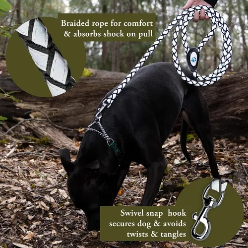 Vista 2 de SafetyPUP XD Correa reflectante para perro. Resistente y duradera para razas grandes y medianas. Cuerda de 6 pies de largo, correa trenzada sin Negro