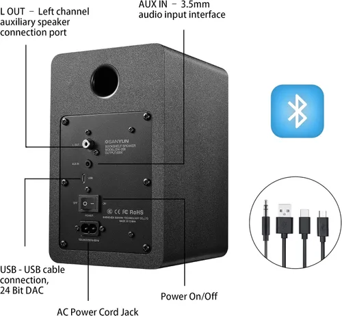 Vista 4 de Sanyun SW208 bocinas de estantería activas Bluetooth 5.0 de 3" – Unidad de altavoz de fibra de carbono de 60W - DAC de 24 bits incorporado - Sonido