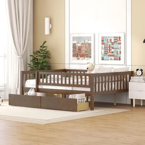 Vista 11 de Harper & Bright Designs Base de cama para niños de tamaño matrimonial con 2 cajones, sofá cama matrimonial de madera con valla, marco de cama