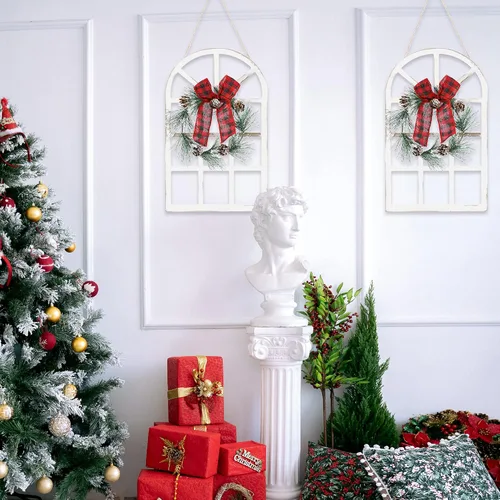 Vista 7 de NEWLIGHTURE Decoración navideña de madera para colgar en la pared, paquete de 2 letreros rústicos de ventana navideños con corona para interiores