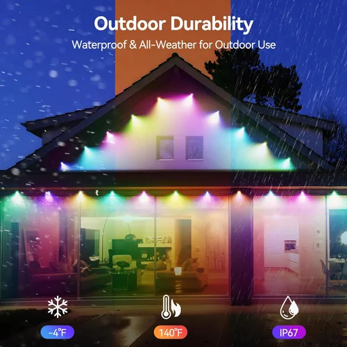 Vista 4 de TECKNET Luces permanentes para exteriores de 100 pies, luces LED RGBIC inteligentes de Navidad, modos preestablecidos/bricolaje, sincronización