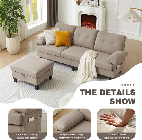 Vista 4 de Sofá modular convertible de 84 pulgadas, moderno sofá pequeño en forma de L de tela de lino con diván reversible, sofá de 3 asientos para sala