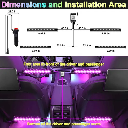 Vista 3 de BFXM Luces interiores de automóvil, tira de luces LED de 12 V con adaptador de encendedor de cigarrillos, aplicación y control remoto