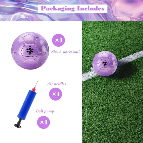 Vista 4 de Glitter Purple Soccer Ball Size 3 with Pump & Needle/Mesh Bag, Sofu PU Soccer Ball Kit for Indoor Outdoor Practicing Training Playing Gift Teens