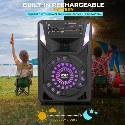 Vista 4 de Pyle Altavoz PA Bluetooth portátil – Sistema de audio de karaoke BT recargable de 300 W 8 pulgadas para exteriores – Luces de fiesta multicolor