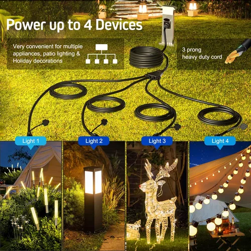 Vista 4 de Eversimpleinc Cable de extensión divisor negro de 1 a 4 (combinado de 31 pies, de extremo a extremo 13 pies), enchufe de 3 clavijas con 4 tomas