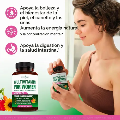 Vista 3 de NEW AGE Multivitamínico para mujer, complejo B, alimentos integrales, soporte para el cabello, hierro, multivitamínico todo en 1 para mujer