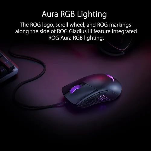 Vista 6 de ASUS ROG Gladius III - Ratón para juegos con cable Sensor afinado de 19,000 DPI, interruptores II de ajuste a presión intercambiables en caliente