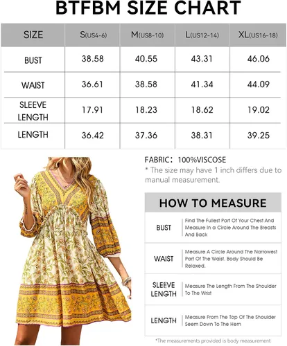 Vista 5 de BTFBM - Vestidos casuales de primavera y verano para mujer, cuello en V, manga larga 34, con volantes, floral, estilo bohemio, mini vestido de playa