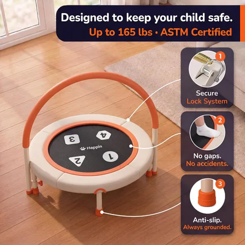 Vista 3 de Happin® 36'' Toddler Trampoline Indoor, Foldable Mini Trampoline for Kids Ages 2-6, ASTM Certified, Adjustable Handle, Safety Pad for Indoor &