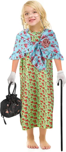 Vista 4 de 20 piezas de disfraz de anciana para el día de la escuela 100 para niños y niñas, peluca de abuelita, vestido de abuela, anteojos, collar de bastón
