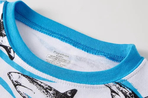 Vista 3 de Pijama de dos piezas para niños pequeños con dinosaurio que brilla en la oscuridad, 100 % de algodón ropa de tiburón para dormir tamaño 2-10T