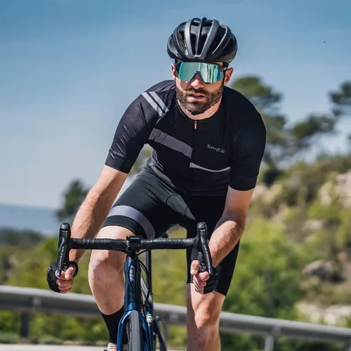 Vista 8 de Santic Camiseta de ciclismo para hombre, manga corta, camiseta de ciclismo de carretera, con cremallera completa, UPF 50+, MTB con bolsillos