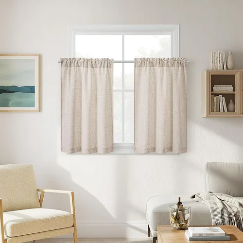 Vista 14 de Cortinas de cocina de lino semitransparente beige de 24 pulgadas de largo, 2 paneles Cream, Cafe Short Curtains, for Bathroom Small Windows, Light