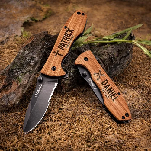 Vista 7 de Regalos para hombres, cuchillo de bolsillo de madera de roble grabado personalizado - 36 iconos, 20 fuentes elegantes - Cuchillos de bolsillo